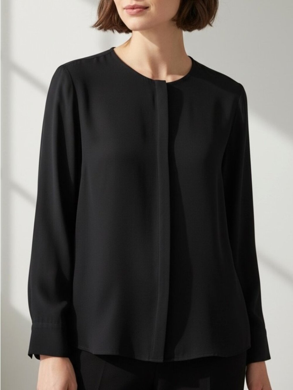 Eileen Fisher Black Silk Crepe Button Front Blouse Size Small